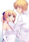  1girl ahoge artoria_pendragon_(all) bare_shoulders blonde_hair blue_eyes dress elbow_gloves fate/stay_night fate_(series) feeding fork gilgamesh gloves hair_ribbon hand_on_another's_cheek hand_on_another's_face long_hair ponytail red_eyes ribbon saber short_hair stabbing third-party_edit yone_f15 
