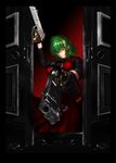  1girl artist_request capcom cosplay dante dante_(cosplay) dante_(devil_may_cry)_(cosplay) devil_may_cry dual_wielding female green_hair gun kazami_yuuka nelo nelo_anjuurou pixiv_manga_sample red_eyes smile solo touhou weapon 