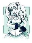  advance_wars advance_wars:_days_of_ruin detached_sleeves hug hug_from_behind ian_chase isabella_(advance_wars) lieselotte_(advance_wars) long_hair monochrome multiple_girls one_eye_closed siblings sisters twintails 