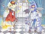  alternate_costume amano_miyabi bat_wings blonde_hair blue_dress checkered checkered_floor closed_umbrella curtains dress earrings elbow_gloves fang fire flandre_scarlet frills garter_straps gloves hair_ornament hand_on_hip hand_to_own_mouth high_heels holding jewelry laevatein lavender_hair leg_ribbon looking_at_viewer monocle multiple_girls nail_polish no_socks open_mouth platform_footwear pose purple_hair red_dress red_eyes remilia_scarlet ribbon shoes short_hair siblings side_ponytail sisters skirt smile stained_glass standing stuffed_animal stuffed_toy teddy_bear thighhighs touhou traditional_media umbrella watercolor_(medium) window wings wrist_cuffs yellow_eyes 