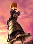  ahoge armor armored_dress artoria_pendragon_(all) bad_id bad_pixiv_id blonde_hair dress excalibur fate/stay_night fate_(series) faulds from_behind gauntlets green_eyes hair_bun hands_on_hilt highres obaoba_(monkeyix) saber solo sunset sword weapon 