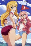  absurdres adjusting_buruma adjusting_clothes ass blonde_hair blue_buruma blue_eyes buruma cloud day flag fujii_masahiro gym_uniform highres lavender_panties legs long_hair looking_at_viewer looking_back louise_francoise_le_blanc_de_la_valliere megami mountain multiple_girls name_tag non-web_source numbered_flag official_art open_mouth panties panties_under_buruma pink_eyes pink_hair pointing pointy_ears red_buruma shirt sky tiffania_westwood underwear very_long_hair white_shirt zero_no_tsukaima 