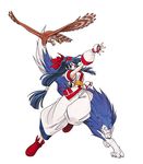  ainu_clothes bird blue_hair boots bow collaboration fingerless_gloves gloves hair_bow hairband hawk kita_senri kodachi long_hair low-tied_long_hair mamahaha mori_toshiaki nakoruru official_art ponytail red_bow samurai_spirits sash scar shikuru short_sword sword weapon wolf 