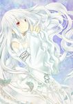  colored_eyelashes detached_sleeves dress hands_together lampnote17 long_hair own_hands_together pandora_hearts red_eyes sleeves_past_wrists solo very_long_hair white white_hair will_of_the_abyss 