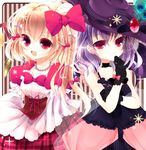  alternate_costume alternate_headwear bad_id bad_pixiv_id bare_shoulders blonde_hair bow choker clothes_grab corset dress feathers flandre_scarlet gloves hair_bow hand_to_own_mouth hat hat_bow hat_feather jewelry monaka_natsume multiple_girls necklace no_hat no_headwear pink_eyes puffy_sleeves purple_hair remilia_scarlet short_hair siblings side_ponytail sisters striped striped_background touhou 