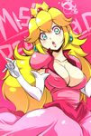  :o aqua_eyes blonde_hair breasts cleavage dress earrings elbow_gloves gloves hair_between_eyes head_tilt jewelry large_breasts lipstick long_hair makeup mario_(series) onija_tarou pink_dress princess_peach solo super_mario_bros. 