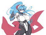  blue_hair bodysuit bow breasts elbow_gloves fighting_stance gloves hair_bow large_breasts long_hair maid_headdress mel/a melmaid original pantyhose ponytail red_eyes sidelocks sketch solo 