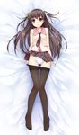  absurdres blush brown_eyes brown_hair dakimakura full_body hair_ribbon highres itou_nanami long_hair lowleg lowleg_panties lying necktie on_back original panties pantyhose pantyhose_pull ribbon school_uniform skirt solo two_side_up underwear 