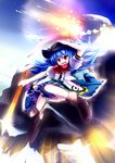  blue_dress blue_hair boots dress explosion fang food fruit hat highres hinanawi_tenshi keystone long_hair open_mouth panties pantyshot peach red_eyes ribbon rope shimenawa skirt sky solo sword_of_hisou touhou tsubasa_(abchipika) underwear white_panties 