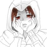  assassin's_creed_(series) assassin's_creed_ii bad_id bad_pixiv_id blush ezio_auditore_da_firenze genderswap genderswap_(mtf) hands_on_own_cheeks hands_on_own_face kon-ton lowres monochrome parody scar solo spot_color yandere_trance 