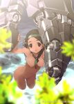  braid breasts brown_eyes brown_hair facial_mark hands headband io_takuya mecha medium_breasts nipples nude original solo tribal wading water 