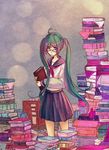  ahoge bad_id bad_pixiv_id bespectacled book book_focus book_stack glasses green_hair hatsune_miku highres holding holding_book iralion long_hair school_uniform serafuku skirt solo too_many too_many_books twintails very_long_hair vocaloid 