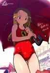  :o alternate_color_school_swimsuit ass_visible_through_thighs blonde_hair blue_eyes cowboy_shot ferrari io_takuya long_hair one-piece_swimsuit original race_queen red_swimsuit school_swimsuit solo swimsuit umbrella 