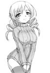  blush breasts clothes_tug covered_nipples drill_hair greyscale hair_ornament highres large_breasts looking_at_viewer mahou_shoujo_madoka_magica monochrome panties simple_background solo sweater sweater_tug thighhighs tomoe_mami twin_drills twintails underwear urase_shioji 