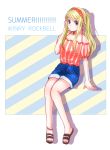  1girl :o arm_at_side bandanna bangs bare_legs bare_shoulders blonde_hair blue_eyes character_name denim denim_shorts english_text eyebrows_visible_through_hair full_body fullmetal_alchemist highres long_hair looking_away machi_(xxx503r) outside_border pink_shirt ponytail sandals shadow shirt shorts simple_background sitting solo striped striped_background striped_shirt two-tone_background vertical-striped_shirt vertical_stripes white_background winry_rockbell 