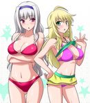  :o ahoge bikini_skirt blonde_hair blush breasts cleavage crossed_arms green_eyes hand_on_hip highres hoshii_miki idolmaster idolmaster_(classic) large_breasts marugoshi_teppei multiple_girls navel purple_eyes shijou_takane shirt_lift silver_hair slender strap_gap swimsuit underboob 