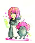  absurdres black_coat_(kingdom_hearts) blue_eyes cloak gen_1_pokemon gloves highres kingdom_hearts kingdom_hearts_358/2_days kurotennsi ladle long_hair male_focus marluxia petals pink_hair pokemon pokemon_(creature) vileplume 