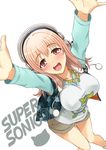  \o/ arms_up blush breasts cat character_name from_above headphones highres honoji large_breasts legs long_hair looking_up nitroplus open_mouth outstretched_arms pink_hair red_eyes shorts solo star super_sonico 