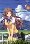  absurdres ano_natsu_de_matteru brown_eyes brown_hair highres kitahara_mio long_hair megami official_art poster ribbon rinon_(ano_natsu_de_matteru) school_uniform skirt socks solo_focus thighhighs unlinked_poster uon_taraku 