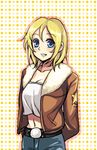  bad_id bad_pixiv_id blonde_hair blue_eyes blue_mary bomber_jacket breasts cleavage collarbone cosplay denim face fatal_fury fur_trim jacket jeans kkaiju medium_breasts midriff navel pants short_hair solo strapless terry_bogard terry_bogard_(cosplay) the_king_of_fighters tubetop 