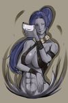  abs assassin_(fate/zero) bad_id bad_pixiv_id blue_hair breasts dark_skin earrings fate/stay_night fate/zero fate_(series) highres hoop_earrings jewelry large_breasts mask muscle ponytail solo stromatolith_(jojomgs) 