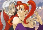  1girl blue_eyes breasts cleavage dragon_quest dragon_quest_viii earrings eye_contact hair_over_shoulder jessica_albert jewelry kukuru_(dq8) large_breasts long_hair looking_at_another necklace pinching ponytail red_eyes red_hair twintails white_hair yokoshima_tomoaki 