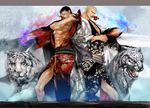  black_hair blonde_hair blue_eyes broad_shoulders capcom crossover fabulous fang fatal_fury flower geese_howard hat hideaki highres japanese_clothes kimono male_focus manly multiple_boys muscle short_hair smile snk street_fighter the_king_of_fighters tiger vega yellow_eyes 