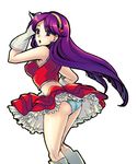  asamiya_athena ass bad_id bad_pixiv_id blush boots crop_top earrings frilled_skirt frills gathers gloves hair_ornament hairband heart heart_hair_ornament highres jewelry kkaiju knee_boots long_hair panties purple_eyes purple_hair skirt solo striped striped_panties the_king_of_fighters the_king_of_fighters_2003 underwear wind wind_lift 