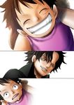  black_hair closed_eyes freckles grin hat jewelry kara_(acluf-0156) monkey_d_luffy multiple_boys necklace one_piece portgas_d_ace scar short_hair smile tears time_paradox younger 