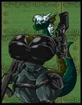  breasts dragon female gun horn huge_breasts pistol ranged_weapon reptile rifle scalie tail thick_thighs thighs unknown_artist vest weapon 