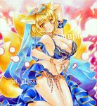  alternate_costume animal_ears arm_up at_classics bare_legs bare_shoulders blonde_hair bracelet breasts brown_eyes cleavage dancer fox_ears fox_tail harem_outfit jewelry large_breasts light_smile marker_(medium) multiple_tails navel necklace sample short_hair solo tail touhou traditional_media veil yakumo_ran yellow_eyes 