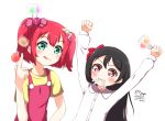  +_+ 1girl 2girls :3 :p =3 alternate_costume alternate_hairstyle arms_up bangs basukechi black_hair blush bow candy crossover food food_in_mouth fujiya green_eyes hair_bow happy highres holding_candy holding_lollipop kurosawa_ruby lollipop long_hair love_live! love_live!_school_idol_project love_live!_sunshine!! multiple_girls overalls peko-chan pink_bow pink_hair pink_outline pink_overalls polka_dot polka_dot_bow red_bow red_eyes shirt short_hair signature simple_background solo tongue tongue_out twintails white_background yazawa_nico yellow_bow yellow_shirt 