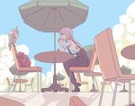  backpack bad_id bad_pixiv_id bag bird black_legwear blouse boots cafe chair cloud cockatoo cup day drink drinking_glass gendou_pose hair_ribbon hands_clasped long_hair original outdoors own_hands_together pantyhose parasol parrot pink_hair ponytail ribbon sitting skirt sky solo sulphur-crested_cockatoo table umbrella yamano_(sokonashi) 