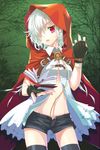  b-na bandages belt book breasts cloak dress fingerless_gloves gloves hair_over_one_eye hood hooded_cloak lowres medium_breasts mintchoco_(orange_shabette) navel open_clothes red_eyes short_hair shorts solo sword_girls thighhighs tree white_hair 