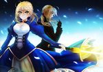  ahoge artoria_pendragon_(all) bad_id bad_pixiv_id blonde_hair dress dual_persona excalibur fate/stay_night fate/zero fate_(series) formal gloves glowing glowing_sword glowing_weapon green_eyes hair_ribbon highres kishichi long_hair multiple_girls petals ponytail ribbon saber suit sword weapon 