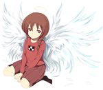  angel_wings bad_id bad_pixiv_id braid brown_eyes brown_hair expressionless halo kneehighs madotsuki mizukami_ryouma pink_shirt purple_skirt shirt simple_background sitting skirt solo twin_braids white_wings wings yume_nikki 