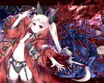  blazblue blonde_hair bow coat flat_chest garter_straps hair_bow long_hair navel open_clothes open_coat open_mouth rachel_alucard red_eyes solo thighhighs torn_clothes twintails very_long_hair yui_(imprinting) 