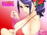  bikini breasts cleavage flower from_side gradient gradient_background hair_flower hair_ornament hibiscus huge_breasts ino lipstick looking_at_viewer makeup men's_young off_shoulder pink_eyes ponytail purple_hair red_bikini sideboob smile solo strap_gap swimsuit wallpaper 