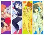  bad_id bad_pixiv_id barefoot bed bird blue_eyes blue_hair brown_eyes brown_hair cellphone headphones inazuma_eleven_(series) inazuma_eleven_go kirino_ranmaru long_hair lying male_focus matsukaze_tenma multiple_boys newo_(shinra-p) pajamas penguin phone pillow shindou_takuto stuffed_animal stuffed_toy tsurugi_kyousuke yellow_eyes 