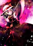  absurdres blonde_hair dress elly hat hat_ribbon heart highres holding holding_scythe mr.milk_caramel open_mouth ribbon scythe short_hair smile solo touhou touhou_(pc-98) yellow_eyes 