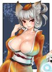  blush breasts cleavage huge_breasts japanese_clothes kimono kongiku lantern leaf leaf_on_head oboro_muramasa orange_eyes po_ni silver_hair solo 