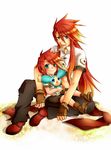  2boys abs bad_id bad_pixiv_id child dual_persona fingerless_gloves gloves long_hair luke_fon_fabre male_focus midriff mieu multiple_boys red_hair shorts smile tales_of_(series) tales_of_the_abyss time_paradox younger 