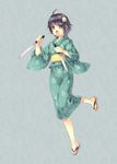  :o alternate_hairstyle araragi_tsukihi bakemonogatari black_eyes black_hair dual_wielding holding japanese_clothes kimono knife kouji_(campus_life) monogatari_(series) open_mouth sandals short_hair solo 