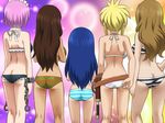  adjusting_clothes adjusting_swimsuit ass awa belt bikini blonde_hair blue_hair brown_hair butt_crack cana_alberona chain cuffs evergreen_(fairy_tail) fairy_tail from_behind highres holster kneepits long_hair lucy_heartfilia multiple_girls petite pink_hair shackles short_hair sidelocks striped striped_bikini striped_swimsuit swimsuit virgo_(fairy_tail) wendy_marvell 