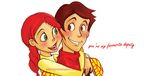  :d blush brown_eyes brown_hair cowboy cowgirl dialogue disney do0dlebugdebz english_text green_eyes hair hat jesse not_furry plain_background red_hair smile toy_story white_background woody yarn 