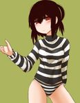  black_hair closed_mouth cowboy_shot expressionless green_background jitome konohana_saku looking_at_viewer original outstretched_arm panties red_eyes shirt sidelocks simple_background slit_pupils solo standing striped striped_panties striped_shirt underwear 
