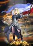  armor armored_dress black_legwear blonde_hair blue_eyes boots circlet dress fate/apocrypha fate/stay_night fate_(series) flag french_flag full_body gauntlets headpiece highres jeanne_d'arc_(fate) jeanne_d'arc_(fate)_(all) kneehighs long_hair lxz198908 solo standing sunset sword thighhighs weapon 