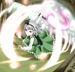  bangs black_hairband black_ribbon blue_eyes flower frilled_skirt frills full_body grass green_skirt green_vest hair_ribbon hairband half-closed_eye holding holding_sword holding_weapon katana konpaku_youmu konpaku_youmu_(ghost) long_sleeves miki_purasu neck_ribbon outstretched_arms petals ribbon sheath short_hair silver_hair skirt slashing solo squinting sword tassel touhou tree vest weapon 