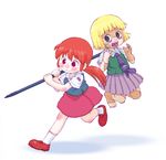  2girls 4n barefoot blonde_hair blush child green_eyes holding monster_girl multiple_girls necktie open_mouth pink_eyes pole ponytail red_hair running scar shocked shoes short_hair simple_background skirt smile stitches surprised torn_clothes zombie 