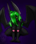  anthro bat blue_background breasts crouching female green_eyes green_hair hair jeffron looking_at_viewer mammal nipples nude plain_background pose solo wings 